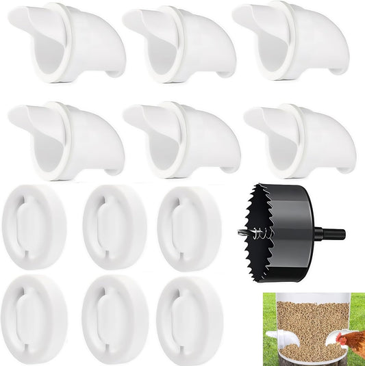 6 Pcs Automatic Chicken Feeder with Hole Saw, Rat Proof Chicken Feeder, No Waste Kit for Buckets, Barrels, Tanks Bins.And so On