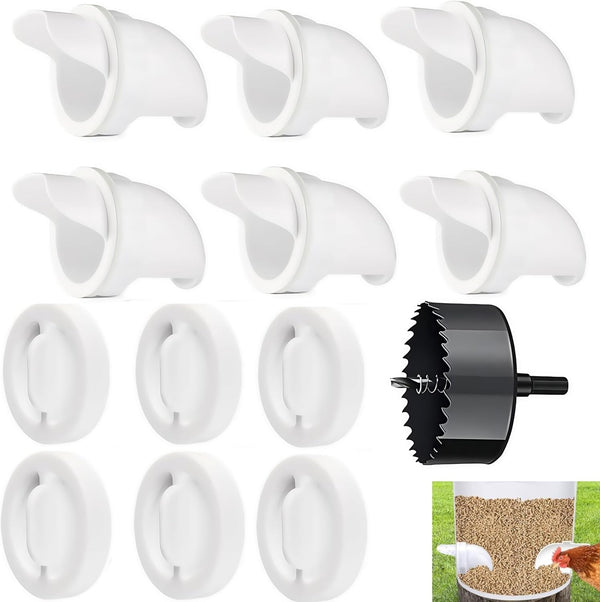 6 Pcs Automatic Chicken Feeder with Hole Saw, Rat Proof Chicken Feeder, No Waste Kit for Buckets, Barrels, Tanks Bins.And so On