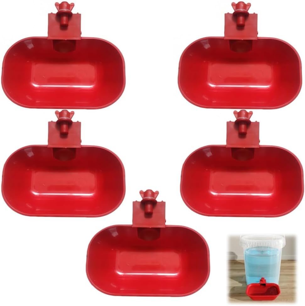 5Pcs Large Chicken Water Feeder Cups,Automatic Watering, Large Poultry Feeder Bowls,Mounting Hole,For Ducks, Geese, Turkey Etc(Red).