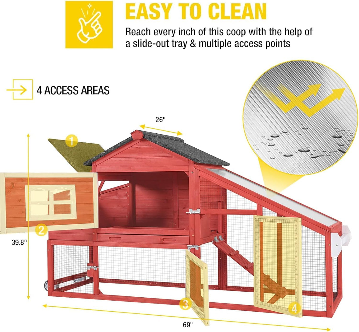 Chicken Coop Mobile Hen Coop, Large Chicken House with Wheels Outdoor Poultry Cage Backyard (Red)