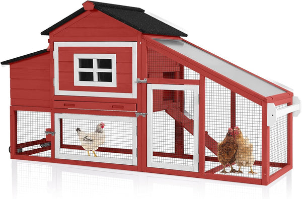 Chicken Coop Mobile Hen Coop, Large Chicken House with Wheels Outdoor Poultry Cage Backyard (Red)
