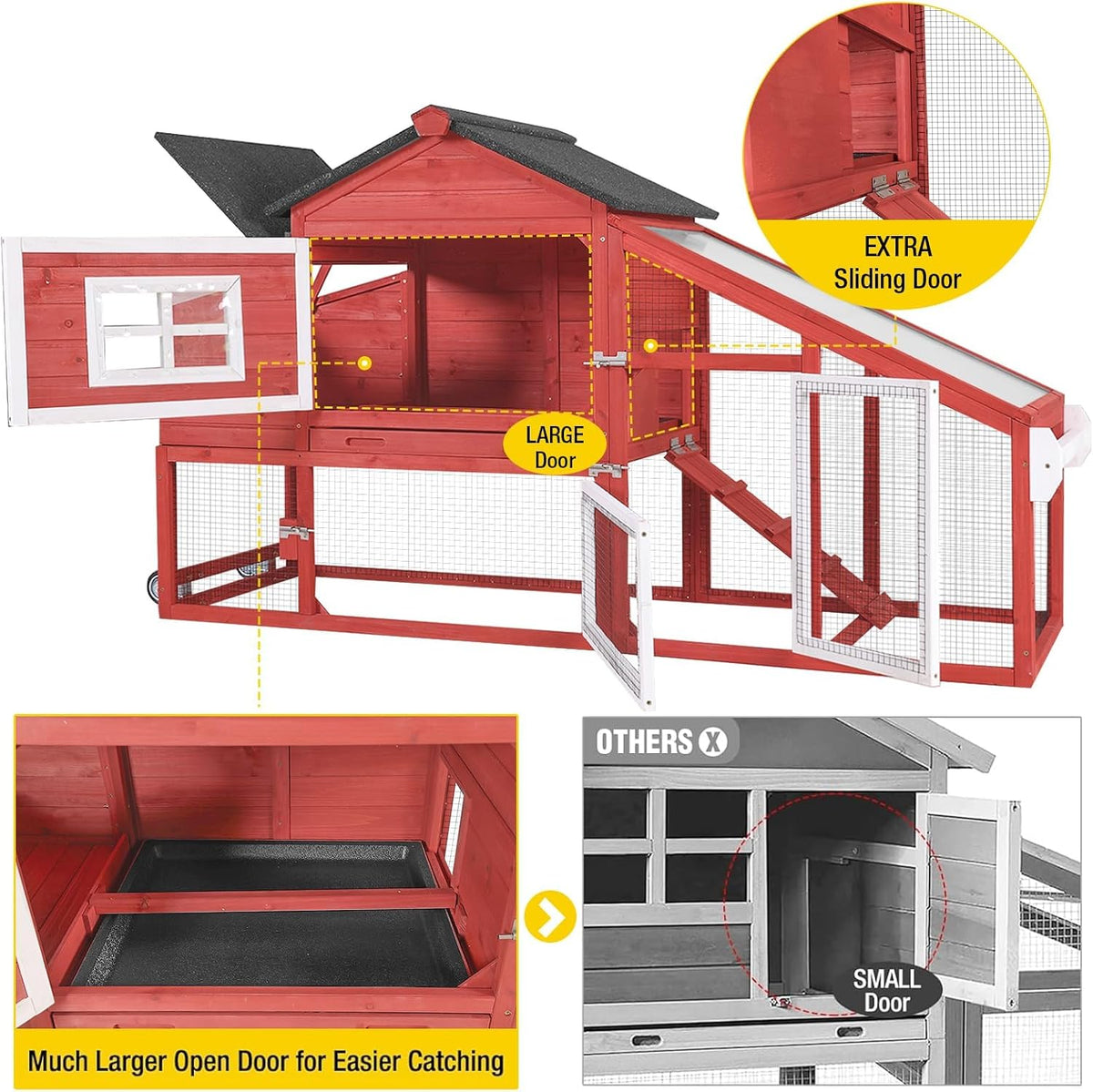 Chicken Coop Mobile Hen Coop, Large Chicken House with Wheels Outdoor Poultry Cage Backyard (Red)