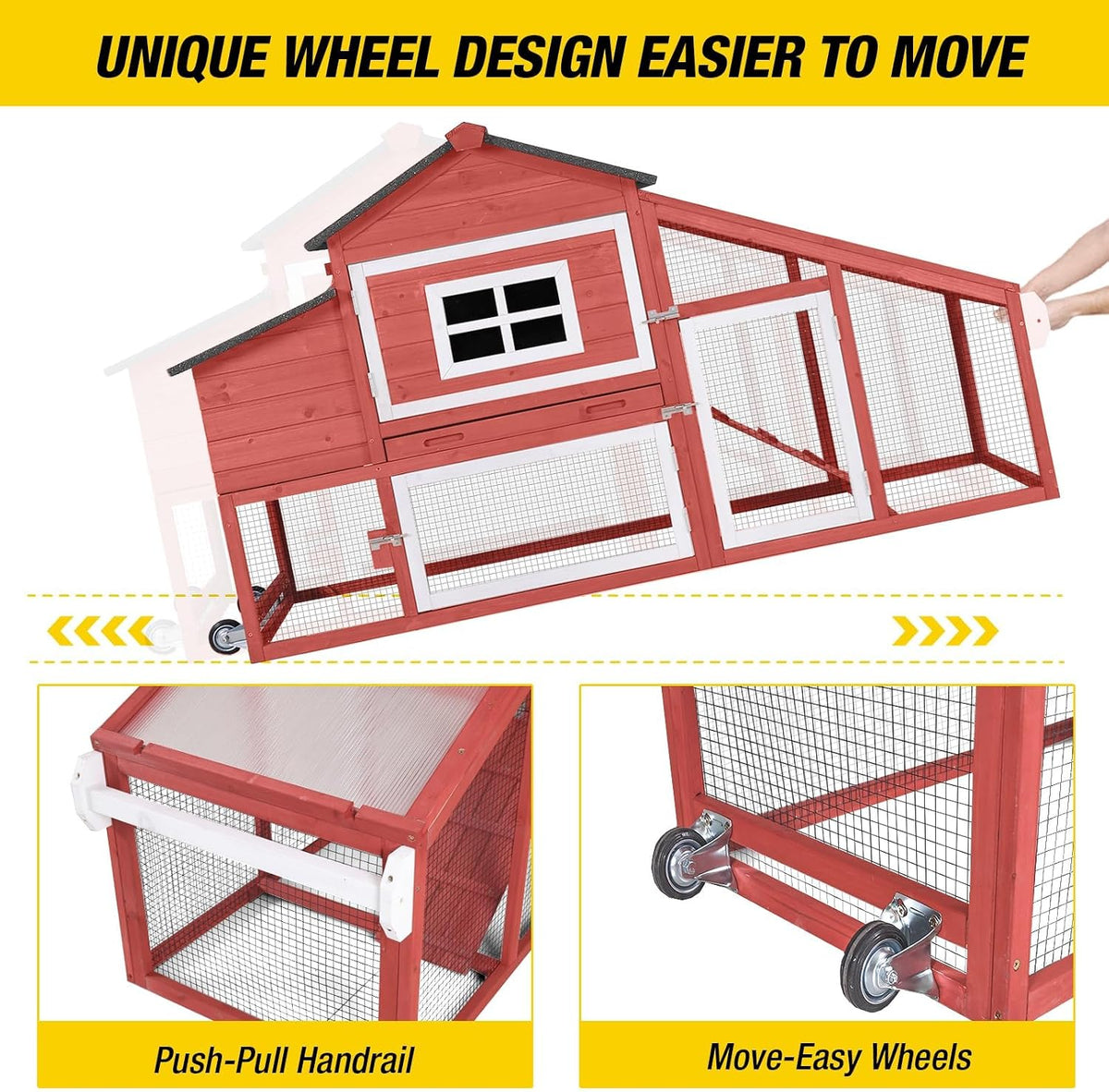 Chicken Coop Mobile Hen Coop, Large Chicken House with Wheels Outdoor Poultry Cage Backyard (Red)