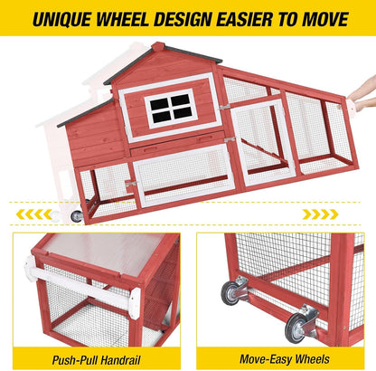 Chicken Coop Mobile Hen Coop, Large Chicken House with Wheels Outdoor Poultry Cage Backyard (Red)