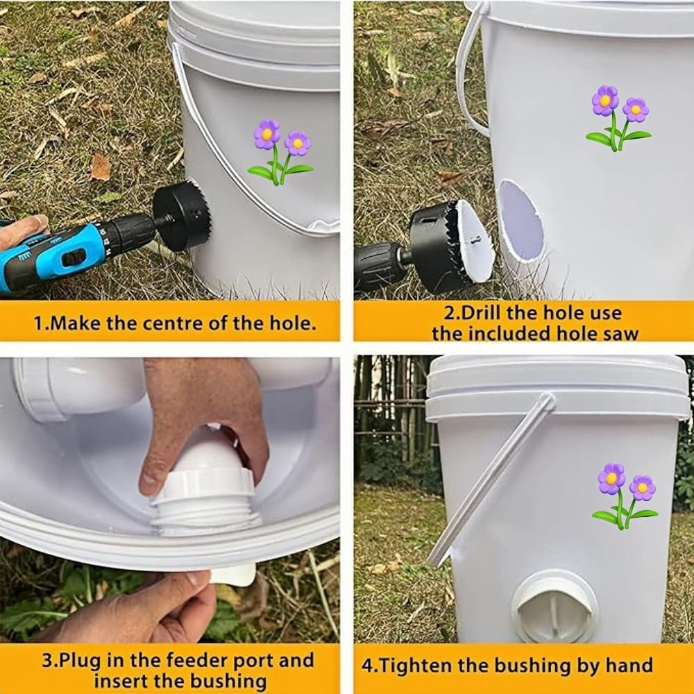6 Pcs Automatic Chicken Feeder with Hole Saw, Rat Proof Chicken Feeder, No Waste Kit for Buckets, Barrels, Tanks Bins.And so On